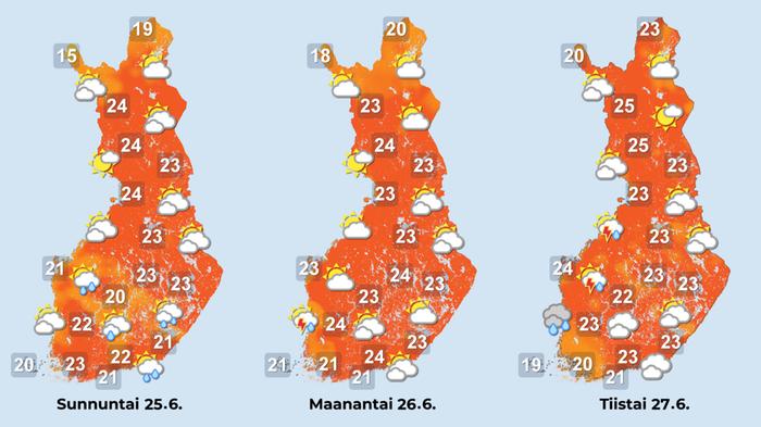 Ennuste 25.–27.6.2023 Ennuste iltapäiville 25.–27.6.2023.
