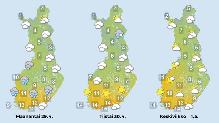 Ennuste 29.4.–1.5.2024 Ennuste iltapäiville 29.4.–1.5.2024.
