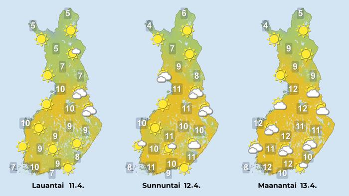Sääennuste lauantaista maanantaihin.