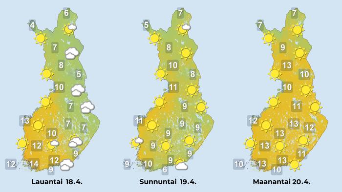 Ennuste 18.–20.4.2026 Ennuste iltapäiville 18.–20.4.2026.