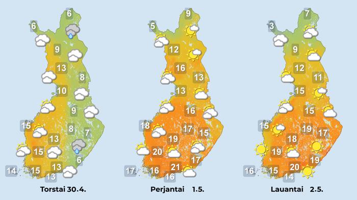 Ennuste iltapäiville 30.4.–2.5.2026. Vappupäivänä voidaan mitata kevään ensimmäinen 20 asteen lämpötila.