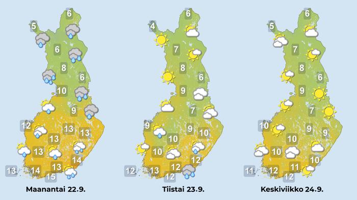 Ennuste 22.–24.9.2025 Ennuste iltapäiville 22.–24.9.2025.