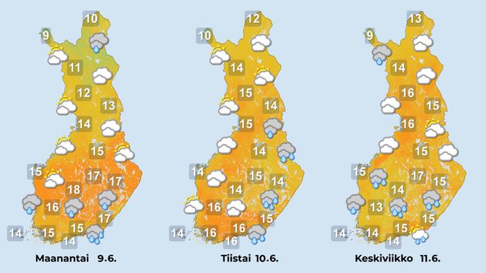 Ennuste 9.–11.6.2025 Ennuste iltapäiville 9.–11.6.2025.