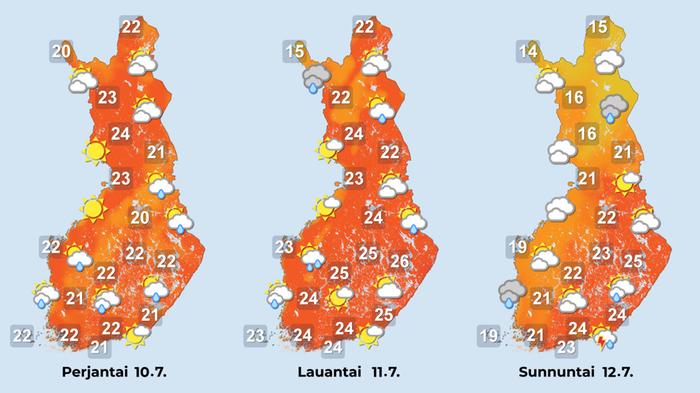 Viikonlopun ennuste Viikonloppuna sää on monin paikoin helteisen lämmintä.