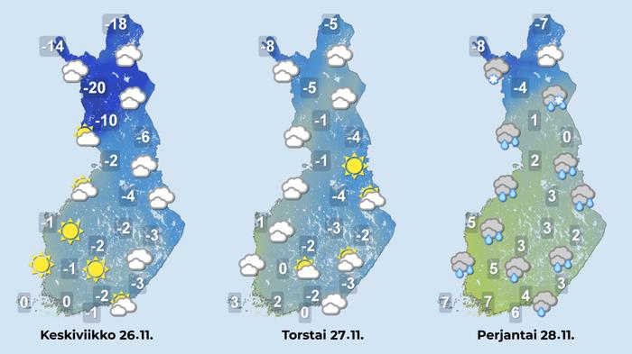 Sääennuste iltapäiville 26.-28. marraskuuta.