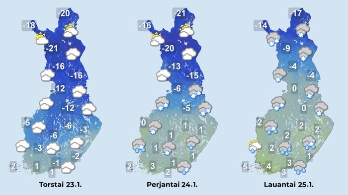 Ennuste 23.–25.1.2025 Ennuste iltapäiville 23.–25.1.2025.