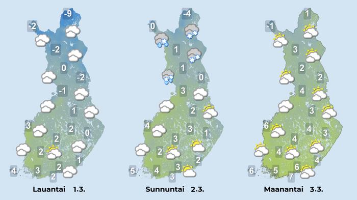 Ennuste 1.–3.3.2025 Ennuste iltapäiville 1.–3.3.2025.
