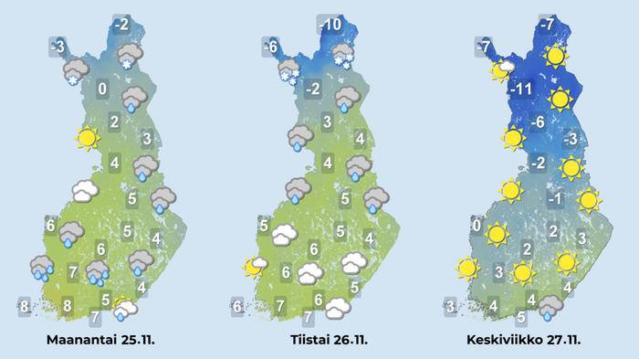 Ennuste 25.–27.11.2024 Ennuste iltapäiville 25.–27.11.2024.