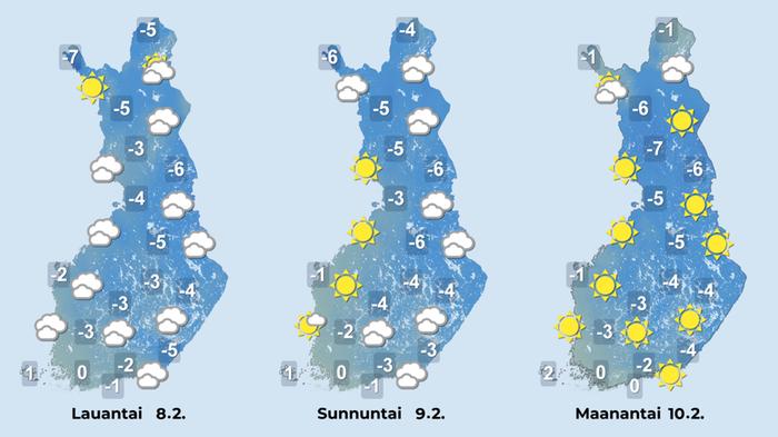 Ennuste 8.–10.2.2025 Ennuste iltapäiville 8.–10.2.2025.