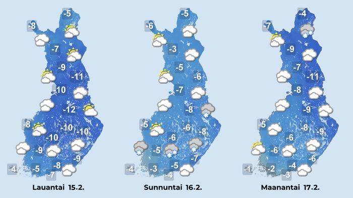 Ennuste 15.–17.2.2025 Ennuste iltapäiville 15.–17.2.2025.