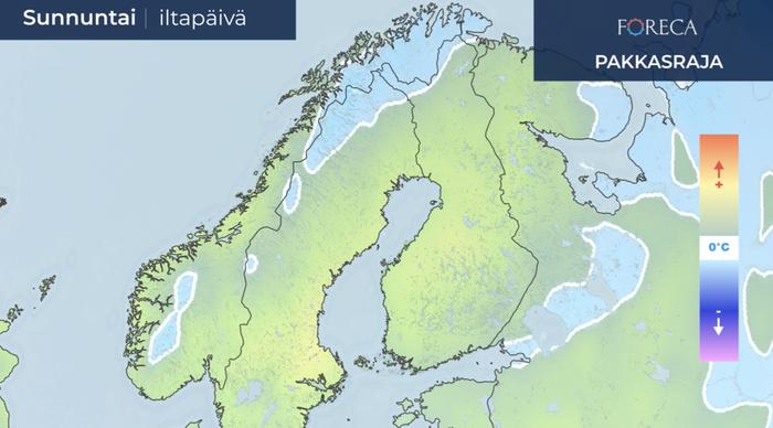 Lämpötilan nollaraja sunnuntaina.