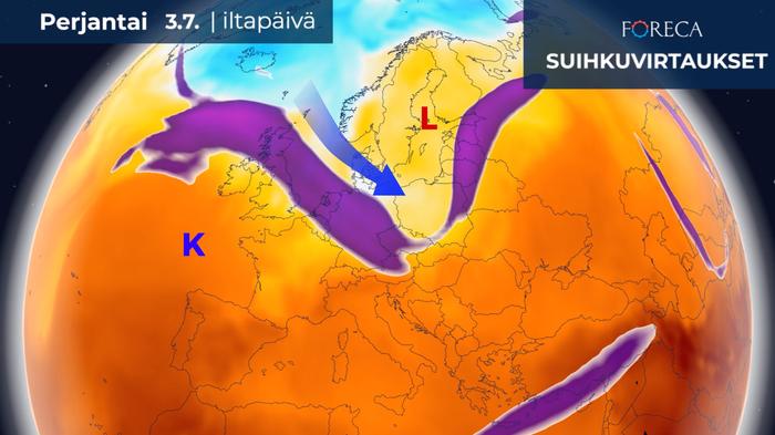 Suihkuvirtaukset ja ilmamassan lämpötila perjantaina 3. heinäkuuta Kuluvan viikon lopussa Pohjois-Eurooppa jää laajaan matalapaineen alueeseen, jossa sää on melko viileää ja epävakaista. Samalla Euroopan länsiosaan alkaa muodostua korkeapaine, jonka alueella on hyvin lämmintä ilmaa.