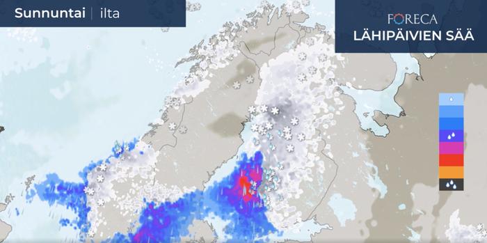 Sunnuntai-illasta alkaen sää lauhtuu ja sateet muuttuvat lounaassa vedeksi.