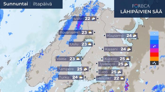 Sunnuntaina sateet jäävät edelleen suurimmaksi osaksi Skandinaviaan.