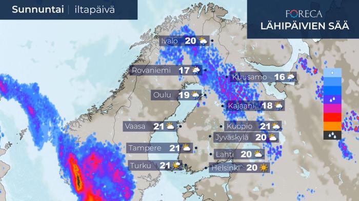 Sunnuntaina sadealue siirtyy pohjoisemmaksi.