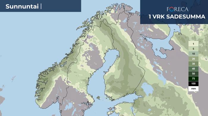 Vuorokauden sadekertymä sunnuntaina 29. kesäkuuta.