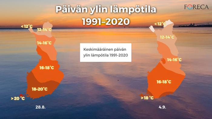 Keskimääräinen päivän ylin lämpötila 28.8. ja 4.9. 1991–2020 tilastojen mukaan.