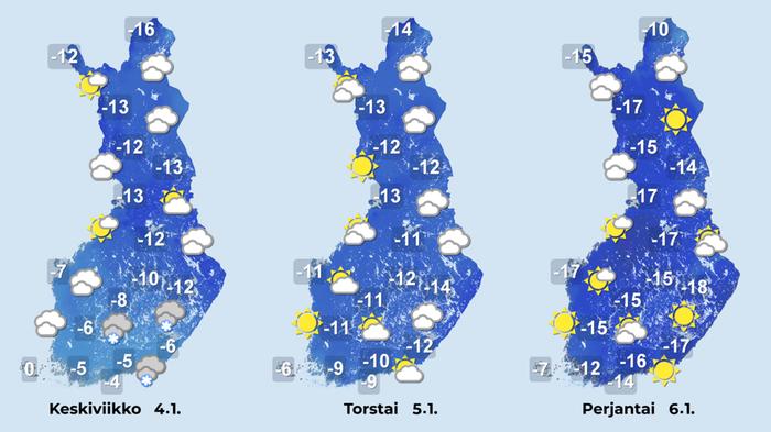 Sää kylmenee, lumisateet heikkenevät ja pilvisyyden alueellinen vaihtelu on suurta.