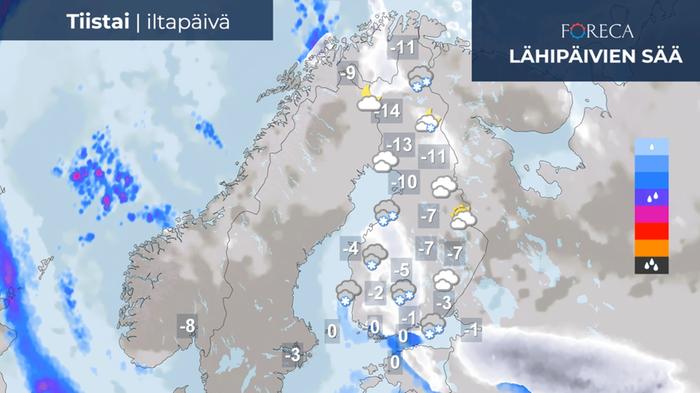 Sää muuttuu tiistaiksi pilvisempään ja lumisateisempaan suuntaan.