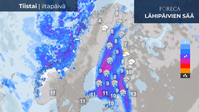 Sääennuste tiistaille 11.10.2022 Sadealue liikkuu tiistain kuluessa hitaasti kohti itää.
