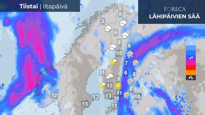 Tiistaina Suomi jakautuu poutaiseen länteen ja sateiseen itään.
