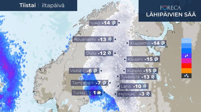 Lumipyry valtaa tiistaina Suomen, mutta lounaassa sade muuttuu pian vesisateeksi.