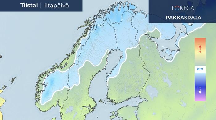 Lämpötilan nollaraja tiistaina.