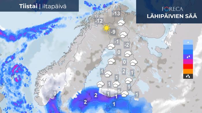 Tiistaina seuraava sadealue tulee jo etelästä.