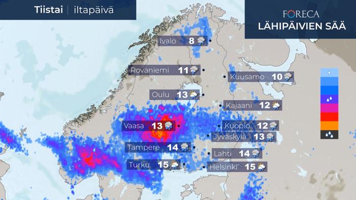 Tiistaina seuraavat sateet leviävät jo Suomeen etelästä.