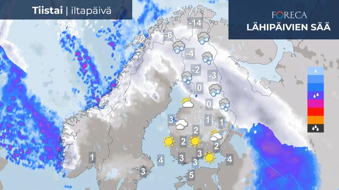 Sääennuste tiistai 19.12.2023 Maan etelä- ja keskiosasta sateet väistyvät nopeasti, mutta pohjoisessa on lumisateista pakkassäätä.