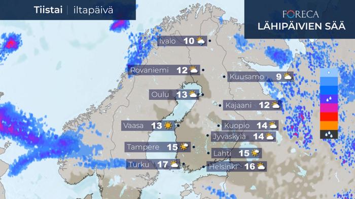 Tiistaina sää on samankaltainen kuin maanantainakin, mutta illalla pilvisyys alkaa lisääntyä.