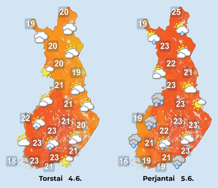 Sääennuste torstaina ja perjantaina.