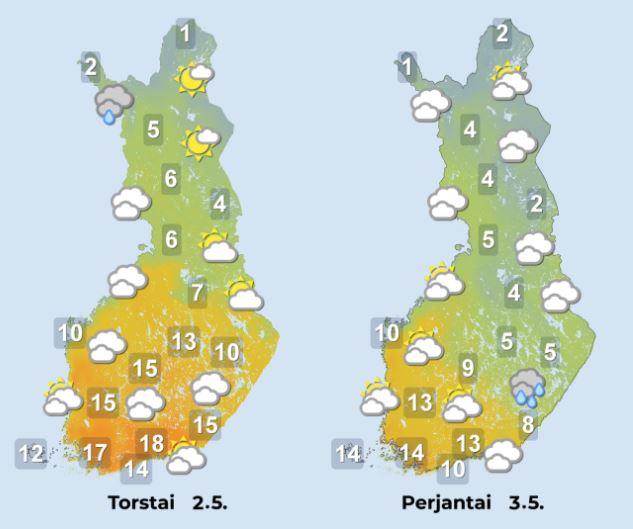 Ennuste torstaille ja perjantaille 2–3.5.2024.