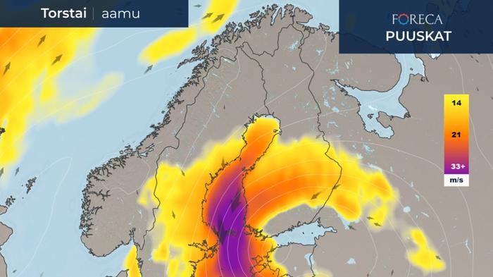 Tämänhetkisen ennusteen mukaan tuuli voimistuu torstaita kohti myrskyksi asti läntisillä merialueilla, puuskat ovat voimakkaita maa-alueillakin.