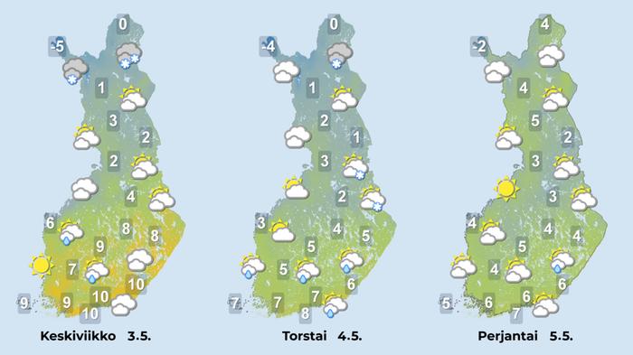 Sääennuste iltapäiville 3.-5. toukokuuta.
