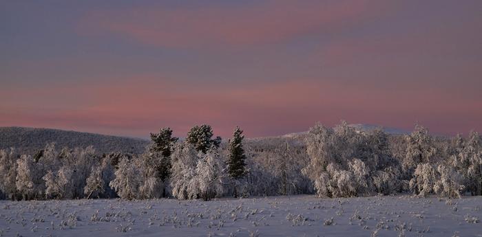 Kireää pakkasta Pohjois-Lapissa Auringonlaskun aikaan pakkanen paukkui kireänä.