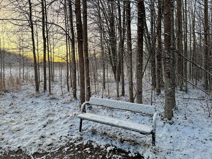 Lunta Turussa Turun Katariinanlaaksossa luminen penkki odotti aamun ulkoilijoita.
