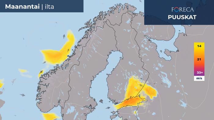 Tuuliennuste 28. elokuuta 2023 Kovat puuskat painottuvat maanantaina Suomenlahdelle, etelärannikolle ja Päijänteen itäpuolelle.