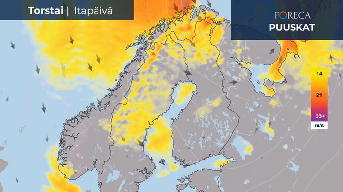 Länsirannikolla ja Lapissa on torstaina kovia puuskia.