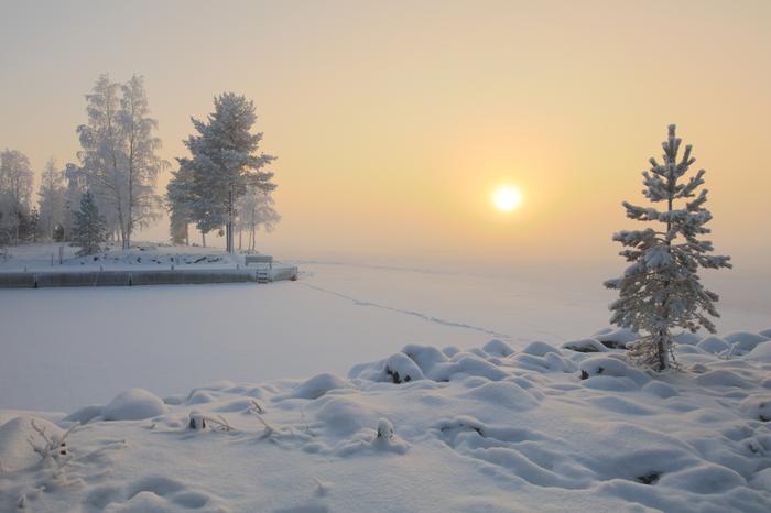 Utuinen pakkassää Aurinko kuultaa usvan läpi.