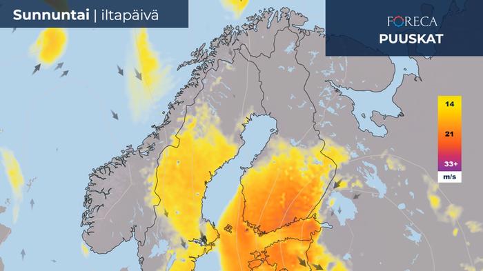 Tuulet ovat voimakkaimmillaan maan etelä- ja keskiosassa sunnuntaina päivällä.